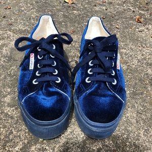 SUPERGA blue velvet platform sneakers